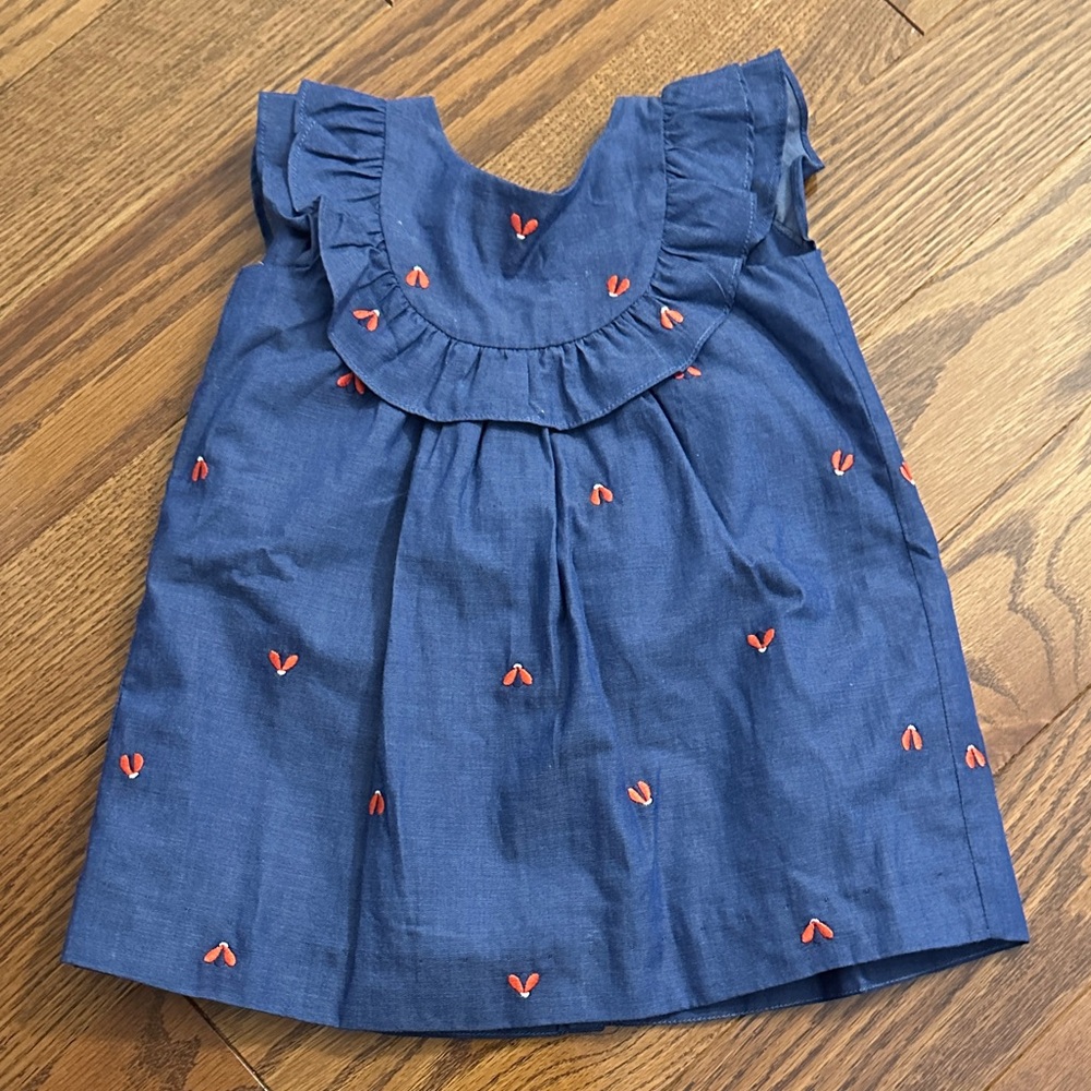 Jacadi 6m Blue Dress with red Embroidery